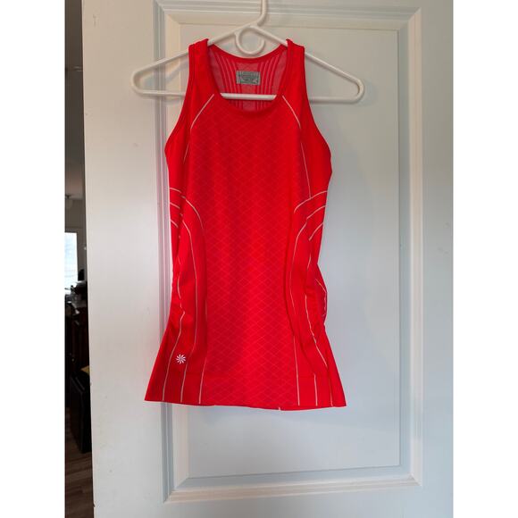 Women's Athleta Finish Fast Line Athletic Tank Top Neon Coral, White Lines - Picture 2 of 9